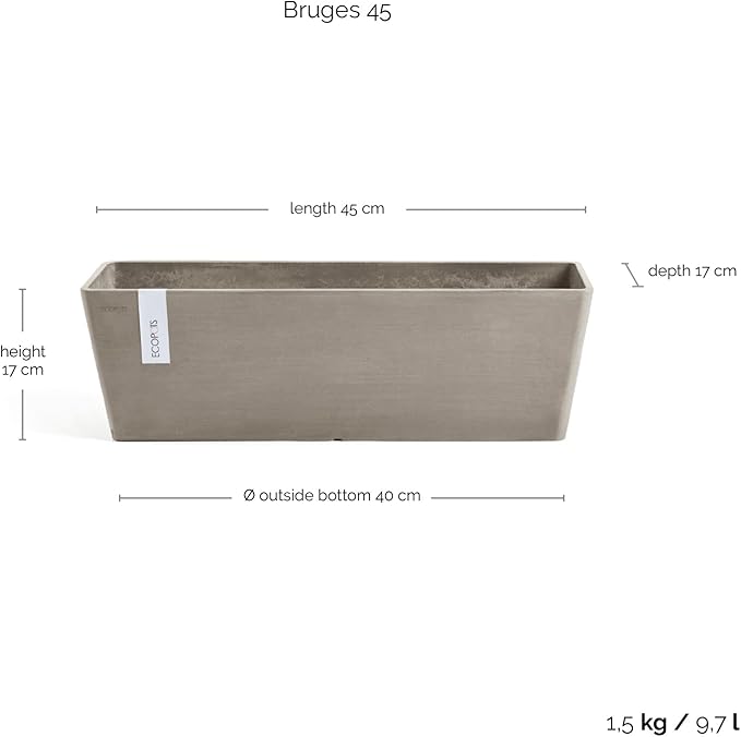 Ecopots Bruges Durable Modern Rectangular Indoor/Outdoor Recycled-Based Composite Flower Pot Planter, Taupe, 17.75"