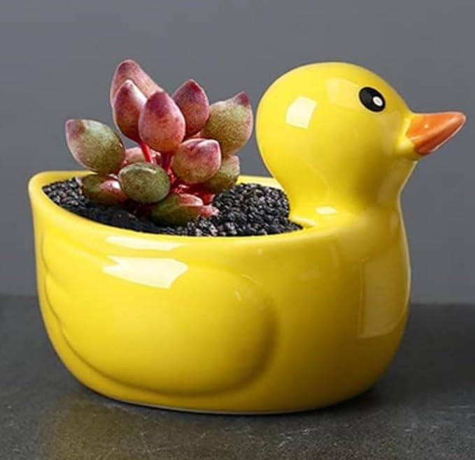Ceramic Succulent Plant Pot Cactus Plant Pot Flower Pot Container Planter with Drainage Hole Home Office Desk Garden Gift Idea Animal Shaped Flower Pot Cute Vase Pot (Yellow Duck)