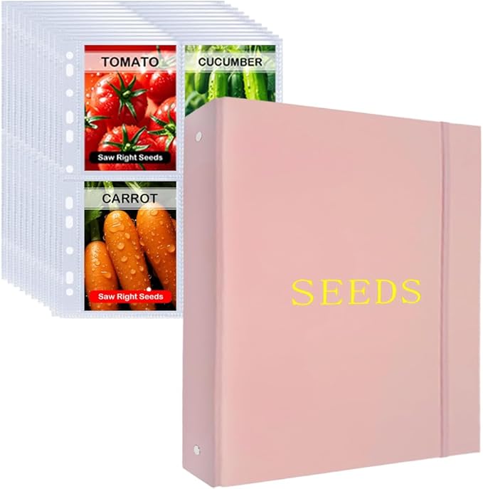 Seed Storage Organizer Binder,3 Ring Seed Packet Organizer with 100 Pockets(25 Pack Clear Sheet Protectors), Garden Seed Holder Book for Envelopes, Seed Saving Keeper, Pink