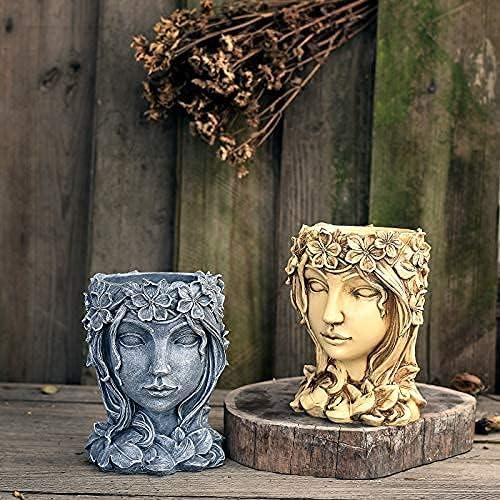 Head Planter Face Flower Pot Goddess Statue Plant Pot Decorative Girl Portrait Planter Indoor Outdoor Girl Face Flower Vase Container Planter (Gray)