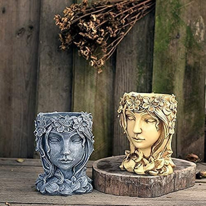 Head Planter Face Flower Pot Goddess Statue Plant Pot Decorative Girl Portrait Planter Indoor Outdoor Girl Face Flower Vase Container Planter (Gray)