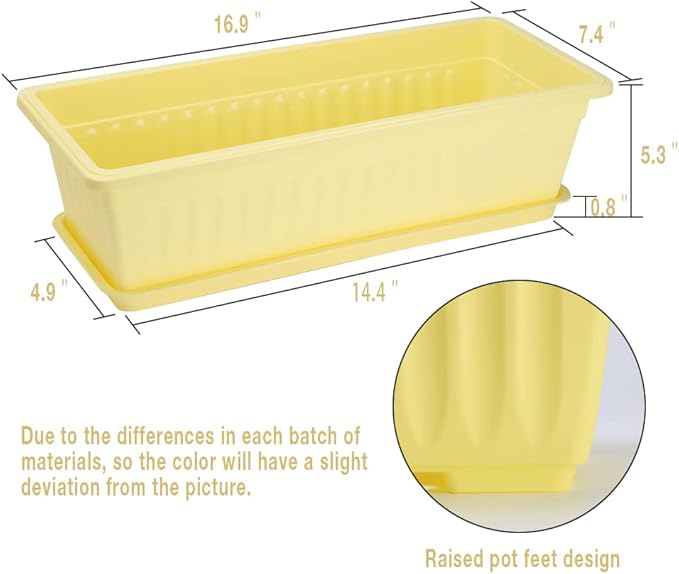 HOXHA 6 Pack Window Box Planter, 17 Inches Vegetable Flower Plastic Planter Boxes with Tray, Rectangular Planter Indoor and Outdoor Flower Pots for Windowsill, Patio, Porch, Garden Balcony, Yellow