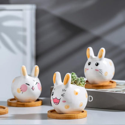 B SEPOR 3.6 inch Mini Pots for Small Succulant Plant Ceramic Animal Succulent Planter with Drainage and Bamboo Tray for Easter Bunny Rabbit Gift Lovers (Cute Bunnies)