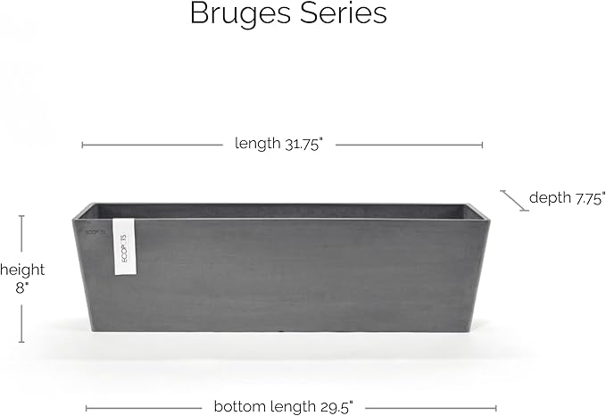 Ecopots Bruges Durable Modern Rectangular Indoor/Outdoor Recycled-Based Composite Flower Pot Planter, Grey, 31.5"