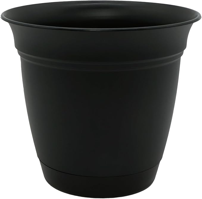The HC Companies Eclipse Round Planter with Saucer - Outdoor & Indoor Plant Pot with Drainage Holes - Lightweight, UV-Resistant Plastic Pots for Plants, Flowers & Herbs (8" Black, Pack of 1)