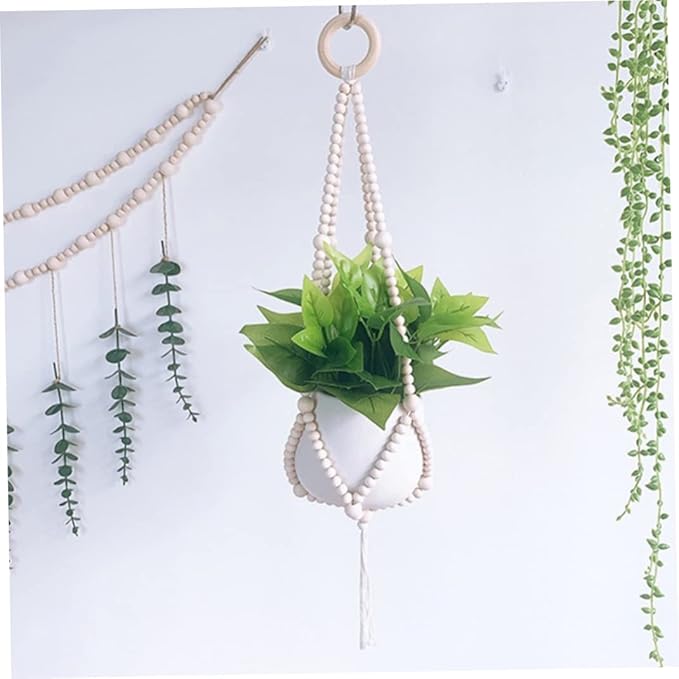 Wood Bead Plant Hanger Hanging Planter Basket Flower Pot Holders for Indoor Outdoor (No Pot) Home Indoor Accessory