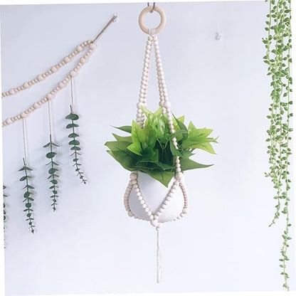 Wood Bead Plant Hanger Hanging Planter Basket Flower Pot Holders for Indoor Outdoor (No Pot) Home Indoor Accessory