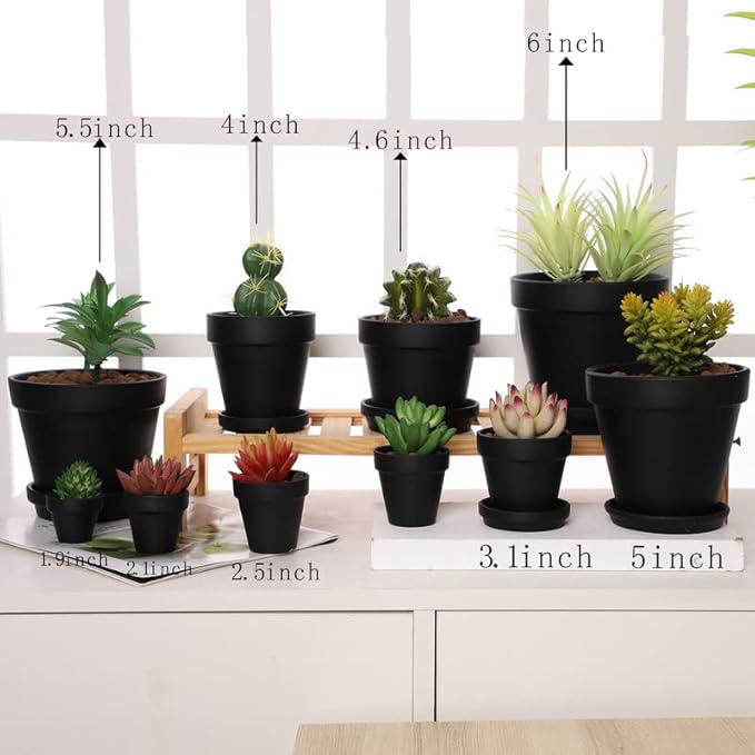 Yishang Black Terra Cotta Pots with Saucer - 12-Pack Large Terracotta Pottery 3'' Clay Planter Cactus Flower Succulent Pot with Drainage Hole