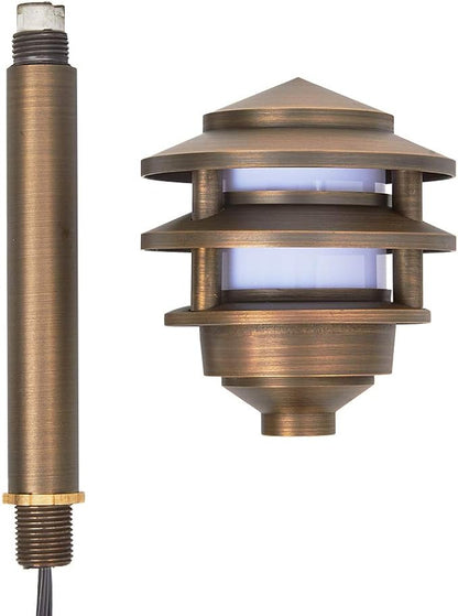 VOLT 12V 3-Tier Brass Pagoda Path Light (Bronze) for Low Voltage Landscape Lighting on Outdoor Pathway, Walkway, Garden, Driveway or Patio