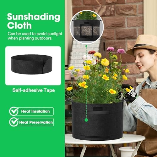 VIVOSUN 3-Pack 7 Gallon Visible Potato Grow Bags, 320G Thick Nonwoven Fabric Pots with Strap Handles, Shade Cloth & 10 Pcs Plant Labels for Flowers, Vegetables