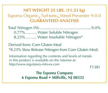 Espoma Organic Turf-Tone Weed Preventer Plus Lawn Food from 100% Corn Gluten Meal. Helps Prevent Weed Seed Establishment and Provides Organic nitrogen That Keeps lawns a deep Green Color. 25 lb. Bag