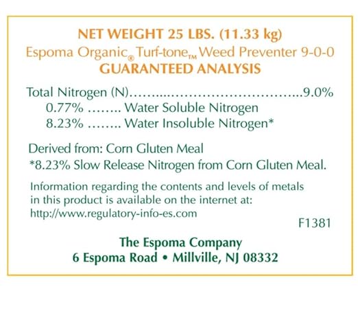 Espoma Organic Turf-Tone Weed Preventer Plus Lawn Food from 100% Corn Gluten Meal. Helps Prevent Weed Seed Establishment and Provides Organic nitrogen That Keeps lawns a deep Green Color. 25 lb. Bag