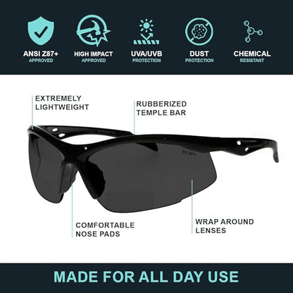Bifocal Safety Glasses - Safety Glasses with Readers for Healthcare, Woodworkers, Motorcyclists, Workshop - Ansi Z87+