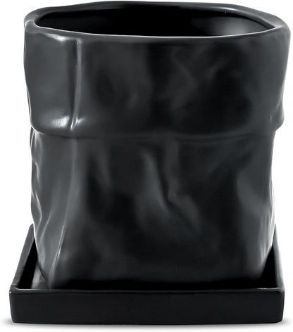 Nihow Ceramic Plant Pot: 6 Inch Planter with Drainage Hole & Square Saucer for Herbs/Plants, Bag Shape Design Flower Pot for Indoor & Outdoor Garden Decor - Black