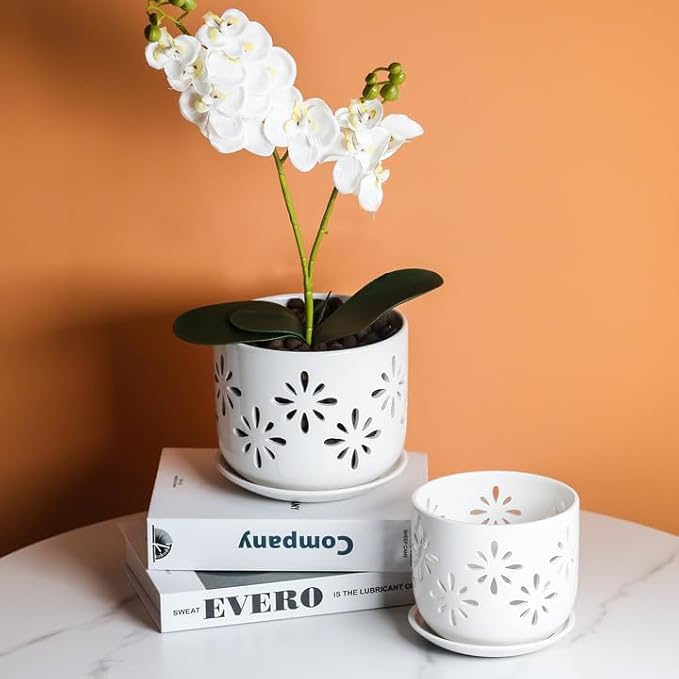 EFISPSS Orchid Pot 5+6 Inch, Ceramic Orchid Pots with Holes, Enhance Good Ventilation and Drainage, Orchid Pots Indoor/Outdoor Plants or Repotting -White