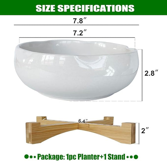 MUZHI White Ceramic Water Lotus Bowl Planter Pot with Bamboo Stand 7.8”, Lotus Shape Hydroponic Water Lily Flower Pot Planter No Drainage Hole