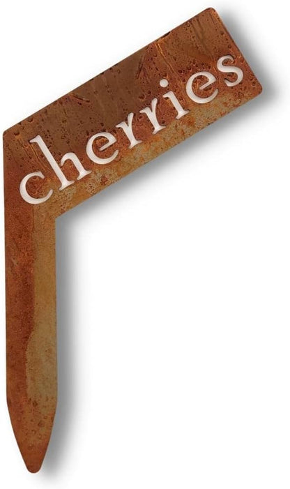 Planter Size Small Metal Garden Plant Vegetable Flower or Herb Markers 13.5 Inches Tall (cherries, Naturally Rusted)