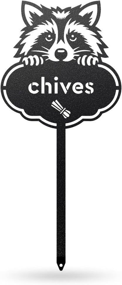 RealSteel Rocky The Raccoon Plant Markers – Cute Metal Garden Labels for Herbs & Vegetables | Outdoor Steel Plant Stakes for Garden, Greenhouse & Raised Beds | Gardening Gift | USA (CHIVES-B-6X13)