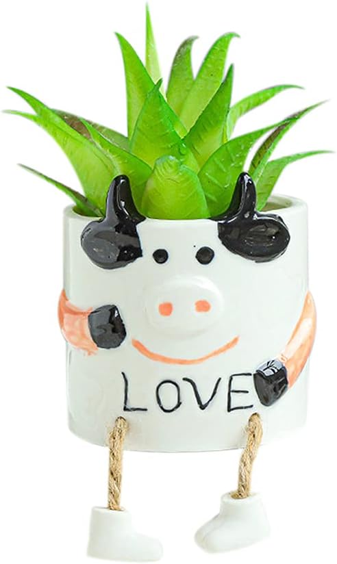 DIYOMR Ceramic Cow Planter, Cute Cartoon Smooth Glazed Flower Plant Pots Drainage Hole Small Succulent Pots for Mini Flower Planters Cactus, Plants Not Include (Cow)