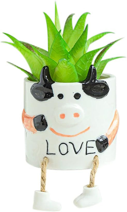 DIYOMR Ceramic Cow Planter, Cute Cartoon Smooth Glazed Flower Plant Pots Drainage Hole Small Succulent Pots for Mini Flower Planters Cactus, Plants Not Include (Cow)
