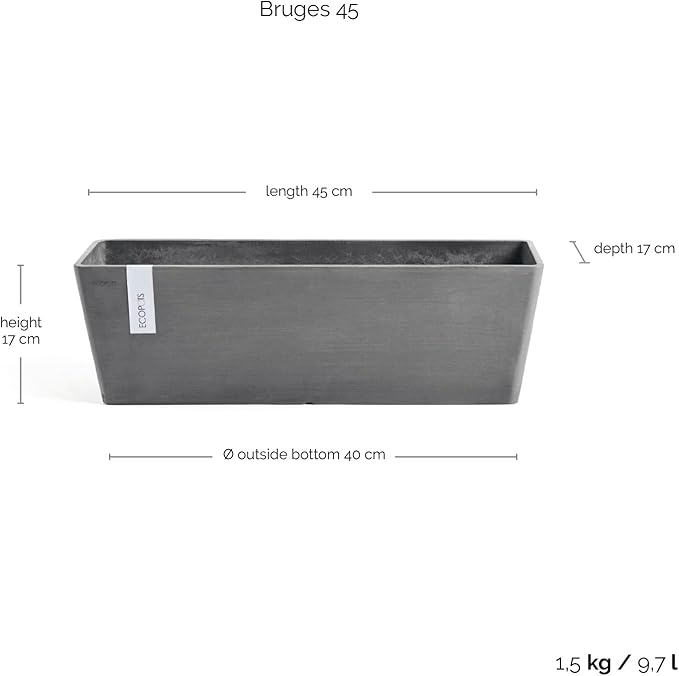 Ecopots Bruges Durable Modern Rectangular Indoor/Outdoor Recycled-Based Composite Flower Pot Planter, Grey, 17.75"