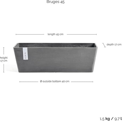 Ecopots Bruges Durable Modern Rectangular Indoor/Outdoor Recycled-Based Composite Flower Pot Planter, Grey, 17.75"