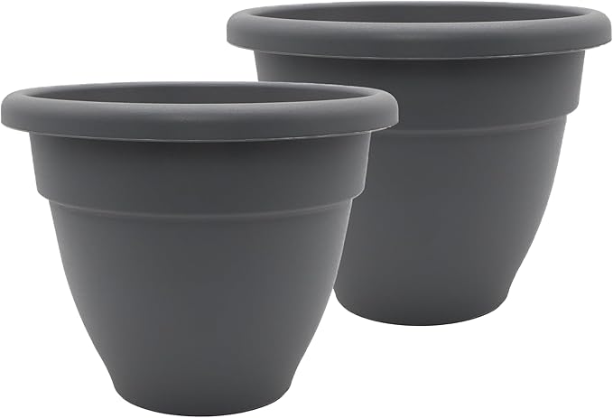 The HC Companies 14 Inch Caribbean Planter Pots with Drainage & Plug, Rolled Rim Plastic Planters for Indoor & Outdoor Plants, 2-Pack Decorative Flower Pots for Garden, Office & Home Decor, Warm Gray