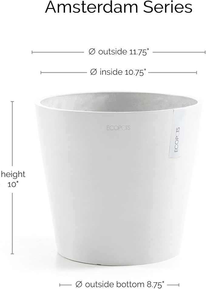 Ecopots Amsterdam Durable Modern Round Indoor/Outdoor Recycled-Based Composite Flower Pot Planter, Pure White, 12"