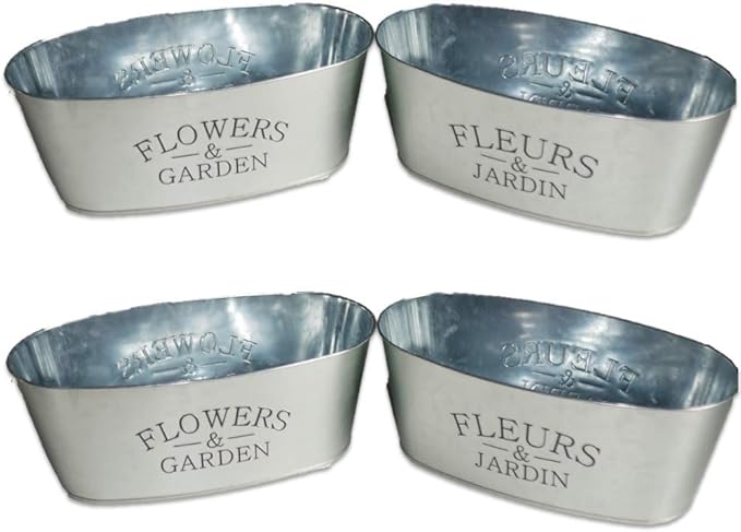 4 Pack - Oval Galvanized"Flowers & Garden" Metal Planter Pots - Perfect for Parties, Weddings & Decorations
