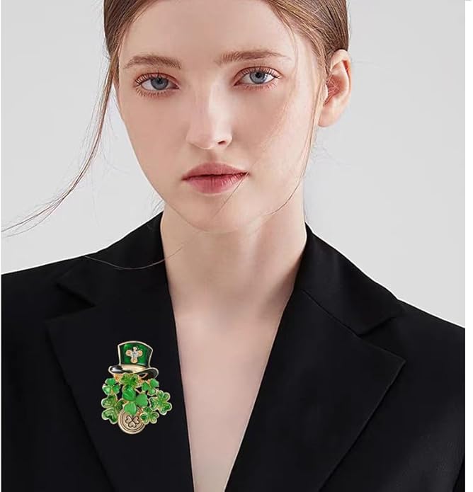 St.Patrick's Day Brooches for Women Dainty Crystal Four Leaf Lapel Pin Shamrock Hat Brooch Pins Irish Enamel Brooches Irish Holiday Costume Accessory Jewelry