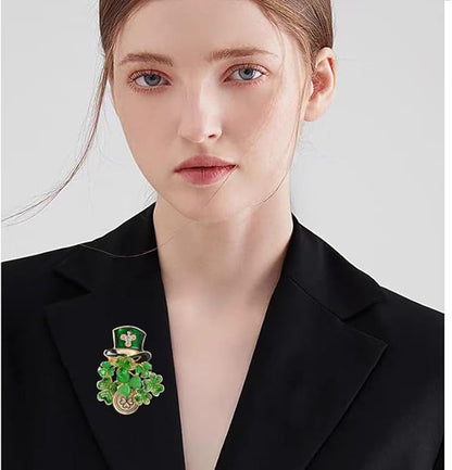 St.Patrick's Day Brooches for Women Dainty Crystal Four Leaf Lapel Pin Shamrock Hat Brooch Pins Irish Enamel Brooches Irish Holiday Costume Accessory Jewelry