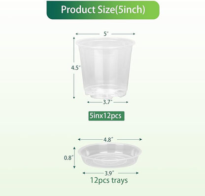Clear Nursery Pots with Drainage and Saucers, 12 Pack 5 Inch Clear Plastic Plant Pots for Plants, Seed Starting Pots