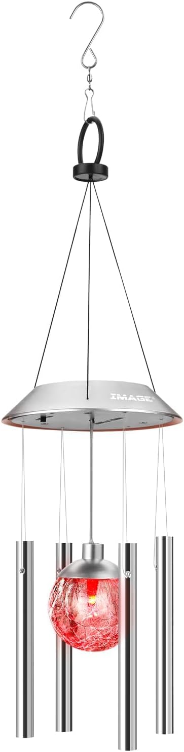 IMAGE Solar Wind Chime Outdoor Hanging Lights Crackle Glass Ball Wind Chimes Color Changing Lights with Metal Tube Hanging Garden Lights for Patio Yard Home Decor Gifts for Mom Women