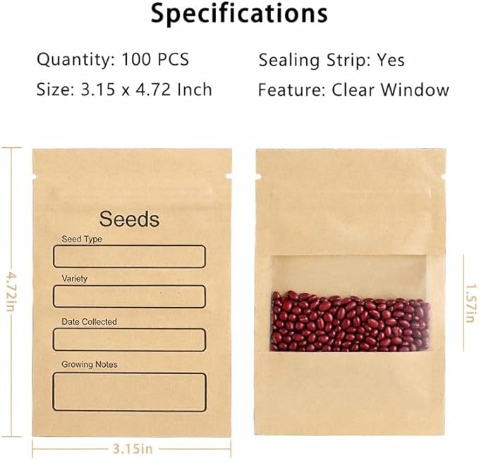 100 Pack Resealable Seed Packets with Clear Window, 4.72 x 3.15 Inch Kraft Paper Seed Packets Envelopes, Self-adhesive Sealing & Preprinted Templates for Seed Storage, Seed Organizer