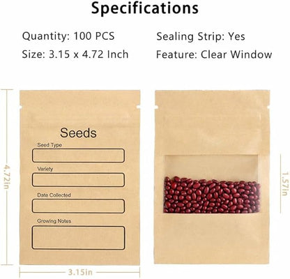 100 Pack Resealable Seed Packets with Clear Window, 4.72 x 3.15 Inch Kraft Paper Seed Packets Envelopes, Self-adhesive Sealing & Preprinted Templates for Seed Storage, Seed Organizer