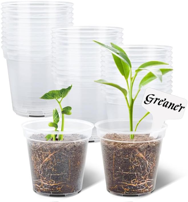 GREANER 4 Inch Reinforced Clear Nursery Pots, 30 Packs Seed Starter Pots for Indoor Outdoor Plants, Flexible Seedling Pots with 20 Plant Labels and Drainage Holes- Transparent