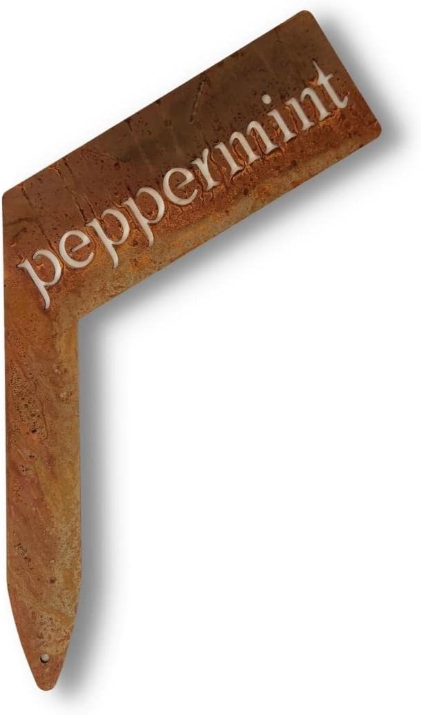 Planter Size Small Metal Garden Plant Vegetable Flower or Herb Markers 13.5 Inches Tall (peppermint, Naturally Rusted)