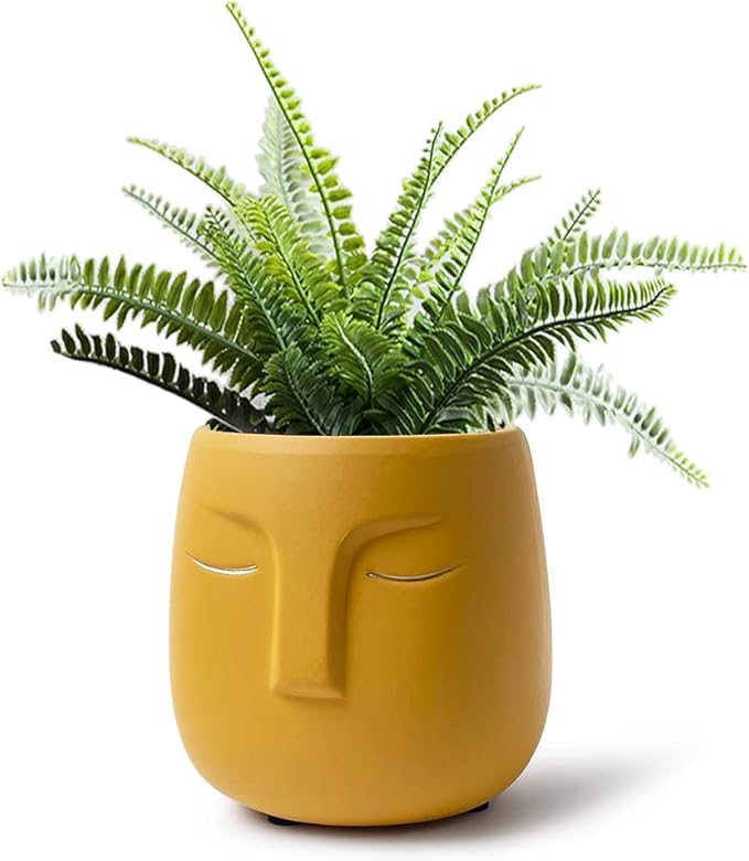 GeLive Head Succulent Plant Pot Ceramic Face Planter Modern Statue Flower Vase Windowsill Box with Drainage Hole Home Decoration Indoor Outdoor Container Gold Eyes (Yellow)