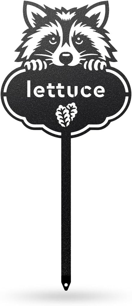 RealSteel Rocky The Raccoon Plant Markers – Cute Metal Garden Labels for Herbs & Vegetables | Outdoor Steel Plant Stakes for Garden, Greenhouse & Raised Beds | Gardening Gift | USA (LETTUCE-B-6X13)