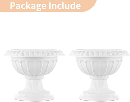 NUPTIO 2 Pcs Classic Urn Planter, 10.23 inches Height Plastic Outdoor Urn, Pedestal Plastic Planter for Garden Front Porch Door, White