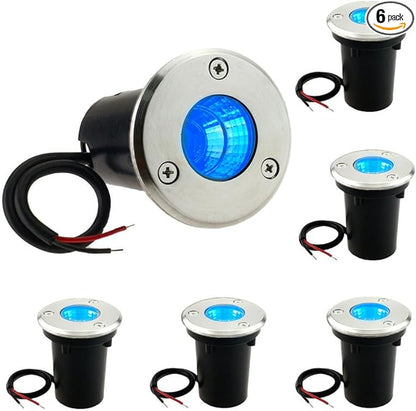 6 Pack 3W Blue LED Well In Ground Landscape Lights IP67 Waterproof for Outdoor Lighting, Garden, Yard, Patio, Driveway, Deck, Step, Pathway, Low Voltage 12V 24V DC AC