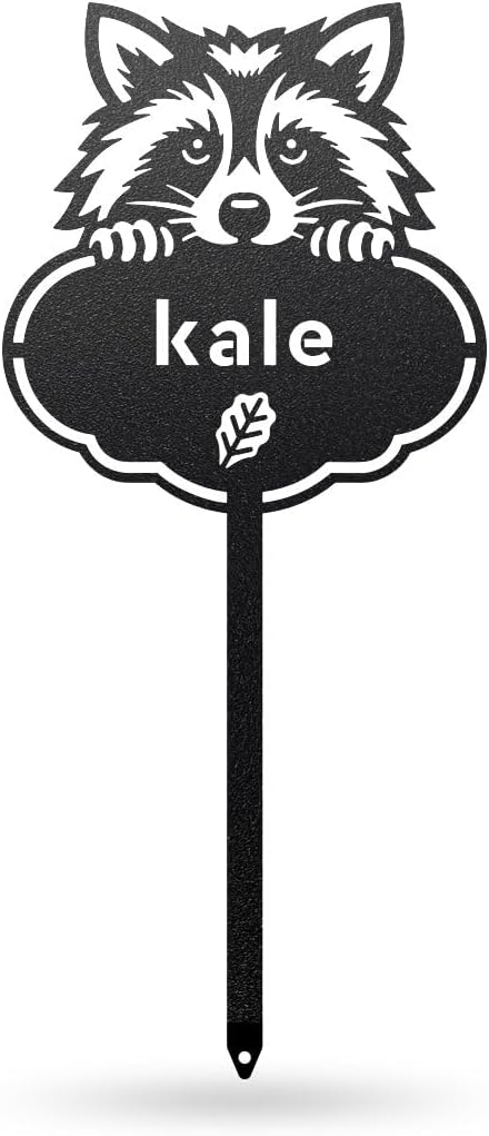 RealSteel Rocky The Raccoon Plant Markers – Cute Metal Garden Labels for Herbs & Vegetables | Outdoor Steel Plant Stakes for Garden, Greenhouse & Raised Beds | Gardening Gift | USA (KALE-B-6X13)