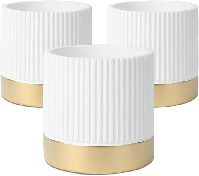 Set of 3 Cement Planter Pots with Drainage Hole,4 inch Plant Pots for Plants Indoor Houseplants,Succulent Pots Windowsil Planter (White&Gold)
