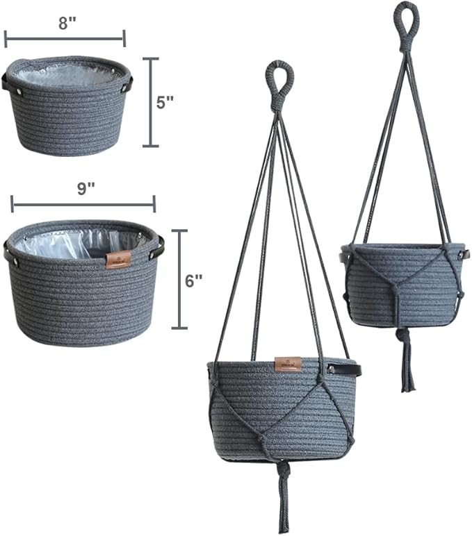 2Pack Hanging Flower Pots Plant Hangers,Wedding Party Birthday Gift Storage Baskets Home Garden Hanging Planter, Waterproof Lining Hydroponic Plant Pot-Dark Grey