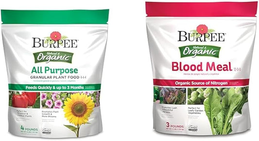 Burpee 4lb Organic Plant Food + 3lb Organic Blood Meal Fertilizer Bundle for Vegetable Garden, Flower Garden & Seed Starting