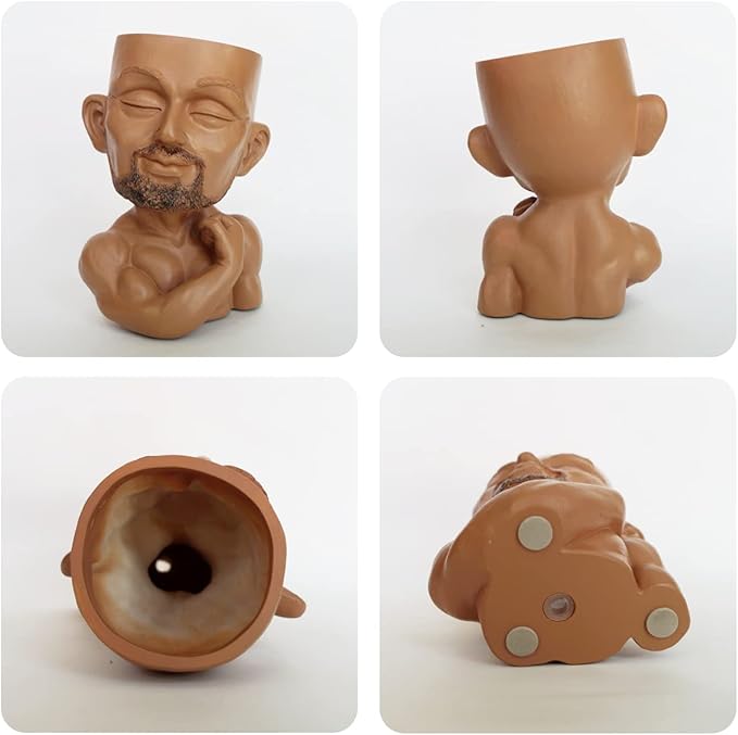 Unique Plant Pots Face Planters, Funny Plant Pots Head Planter, Men Face Planters Pots Head, Beefcake Face Vase with Drainage Hole (Brown)