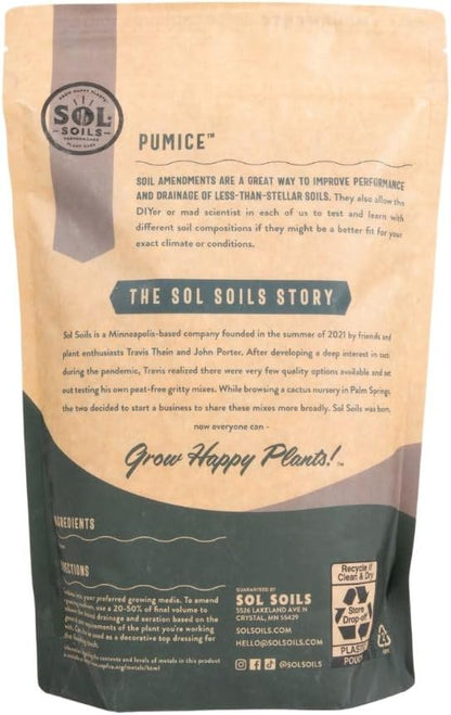 Sol Soils Horticultural Pumice - Lightweight, All-Natural Volcanic Rock Soil Amendment to Improve Drainage, Aeration & Maintain Moisture Balance – Filtered 3/8" to 1/4" - 2 Quarts