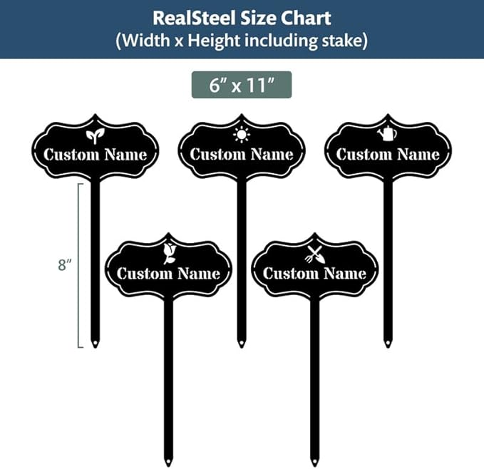 RealSteel Custom Seed & Plant Markers – Metal Garden Stakes for Herbs, Fruits & Vegetables | Elegant Steel Plant Labels for Pots, Raised Beds & Outdoor Gardens | Farmhouse & Greenhouse | Rose Icon