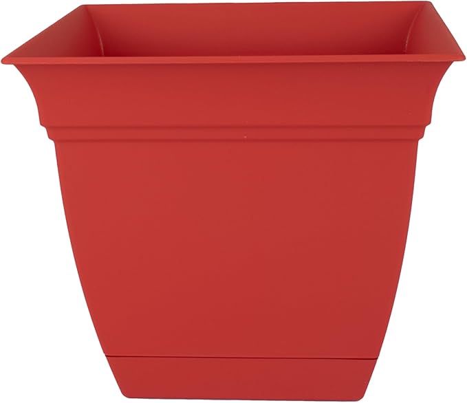 The HC Companies Eclipse Square Plastic Planter w/Attached Saucer - Outdoor & Indoor Plant Pot with Drainage Holes - Lightweight, UV-Resistant Plastic Pots for Plants (6" Red, Pack of 1)