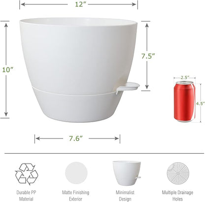 12inch 2Pack Large Self Watering Planters, Plastic Plant Pots with 60oZ Removable Deep Reservoir and Multi Mesh Drainage Holes for Indoor Outdoor Garden Plants and Flowers, White